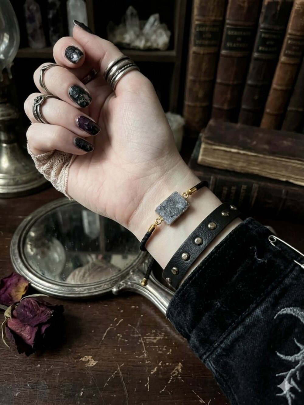 Grey Druzy Agate Adjustable Cord Bracelet - Gothic Boho Minimalist